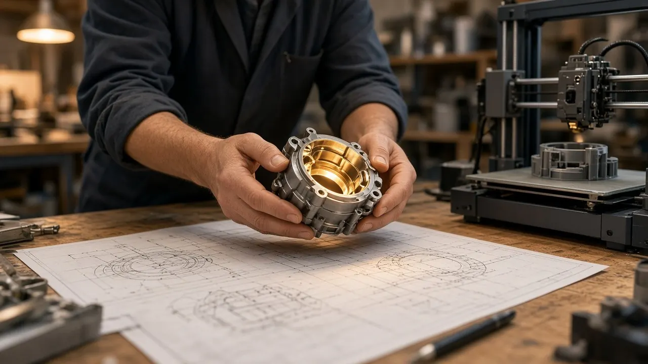 Mani di un tecnico che tengono un componente meccanico prototipato, sopra un disegno tecnico, con una stampante 3D in officina