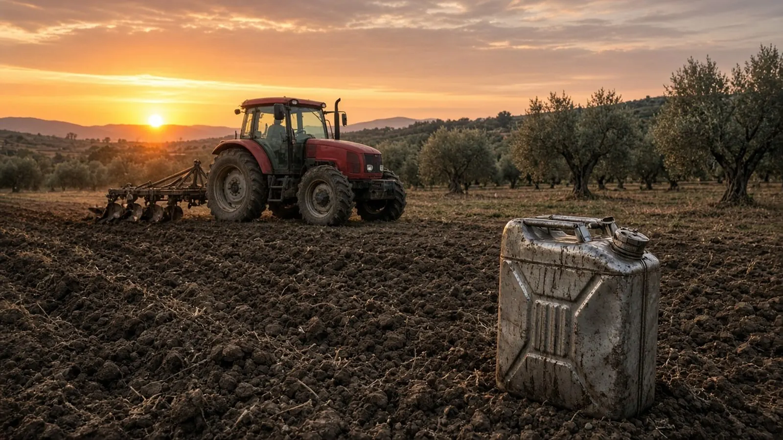 Trattore rosso con aratro in un campo appena lavorato tra gli ulivi al tramonto, con una tanica di metallo per il carburante in primo piano