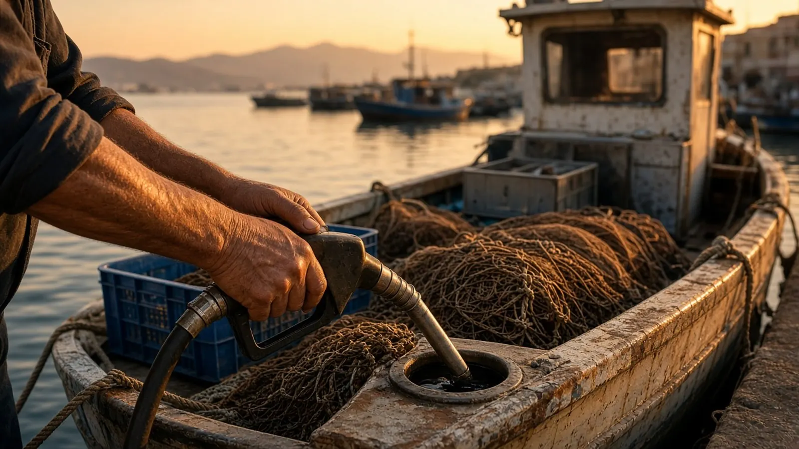 Pescatore che rifornisce di carburante una piccola barca da pesca con reti e cassette ormeggiata in porto al tramonto