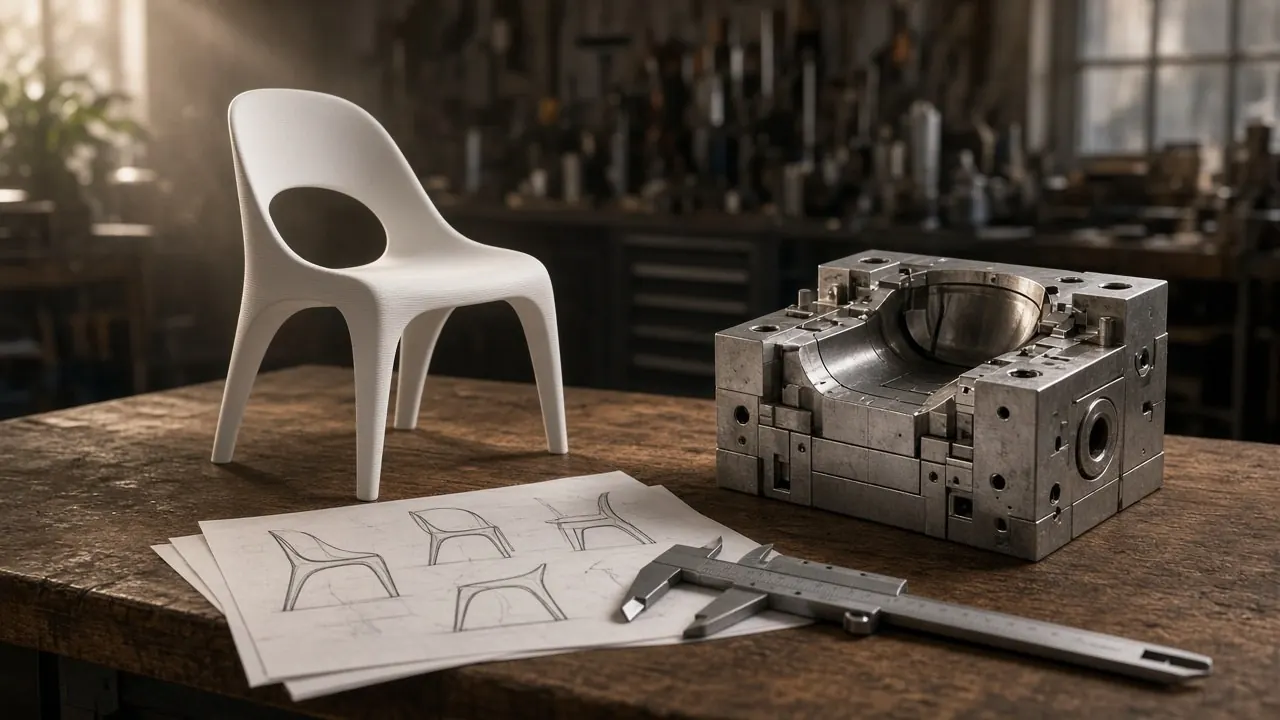 Banco da laboratorio con il prototipo bianco di una sedia, uno stampo in metallo, schizzi di design su carta e un calibro