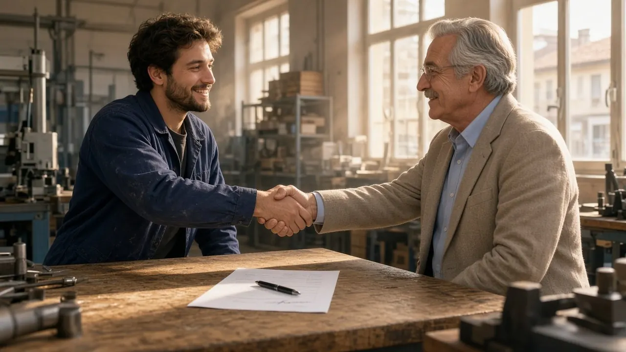Un giovane operaio in tuta da lavoro e un imprenditore più anziano si stringono la mano sopra un banco di officina, con un contratto e una penna sul tavolo