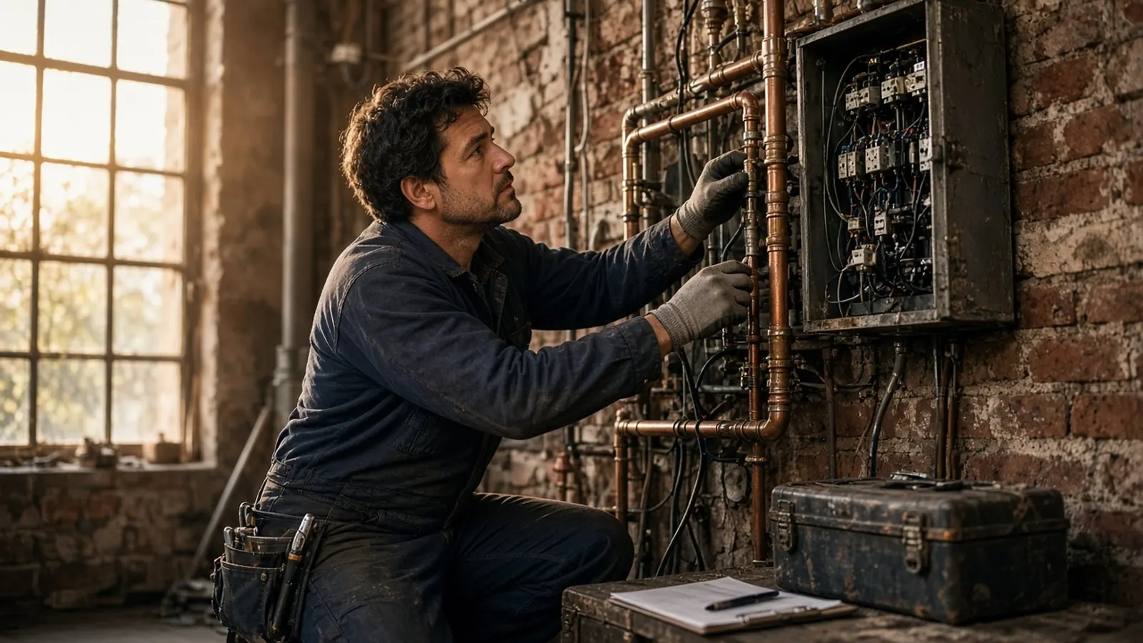 Un impiantista in tuta e guanti lavora sui tubi in rame accanto a un quadro elettrico aperto, sul muro di mattoni di un vecchio edificio; vicino una cassetta degli attrezzi e un blocco di appunti