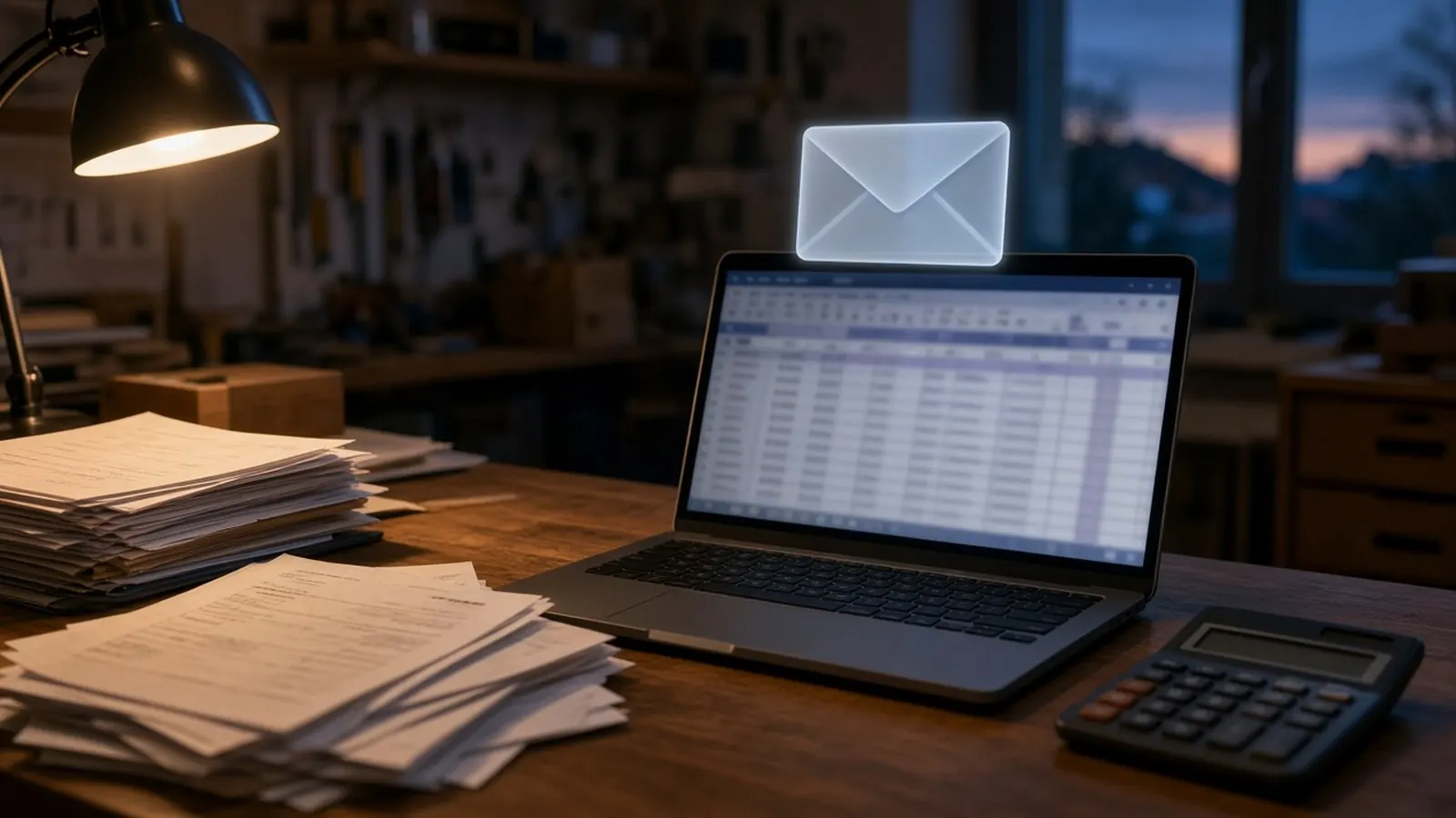 Scrivania di un'azienda di sera con pile di fatture, una calcolatrice e un portatile con un foglio di calcolo, sopra il quale compare l'icona di una email