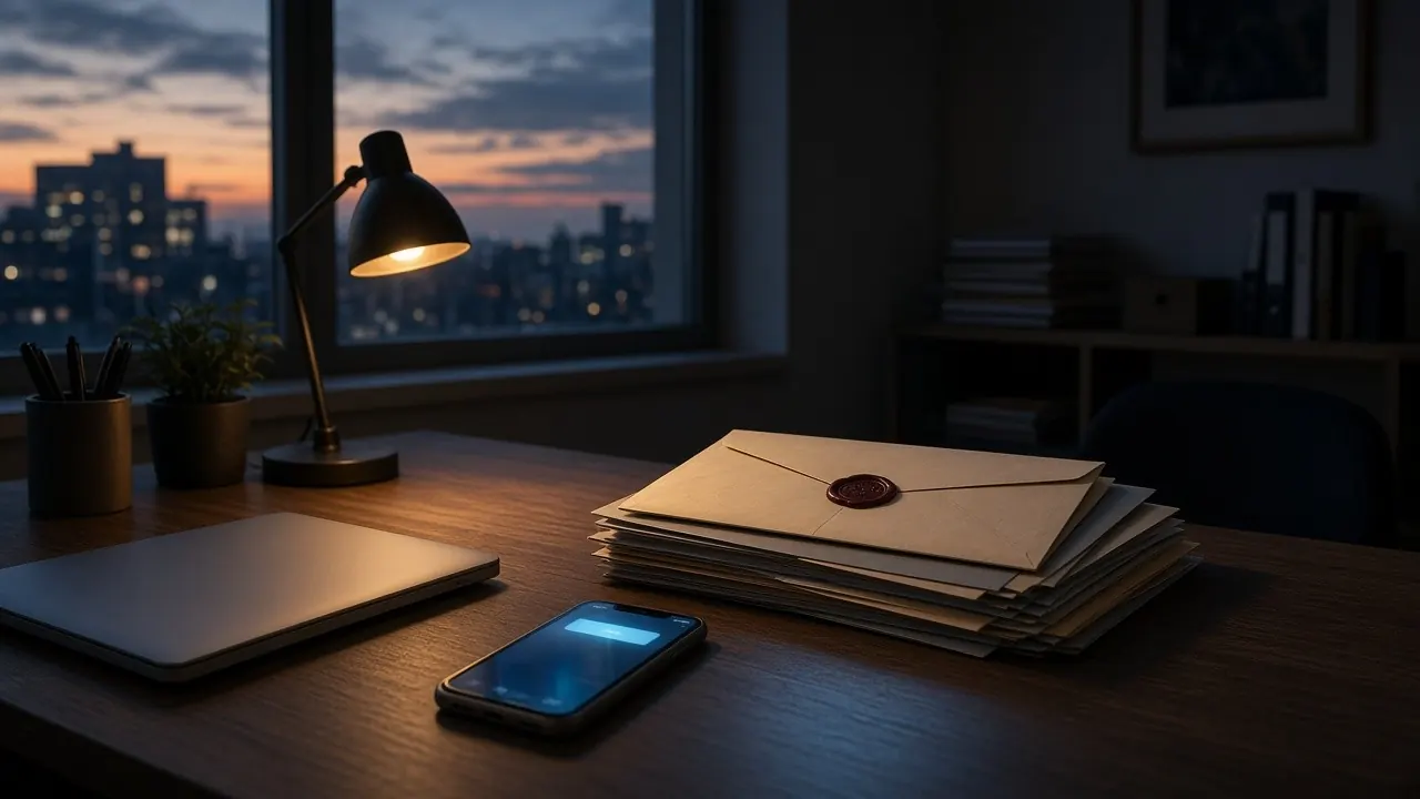 Scrivania di un ufficio di sera con una pila di buste sigillate, uno smartphone con una notifica e un portatile chiuso