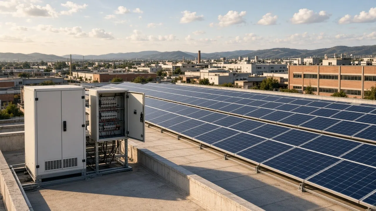 Pannelli fotovoltaici sul tetto piano di un edificio industriale, accanto ad armadi elettrici per accumulo e quadro di controllo aperto